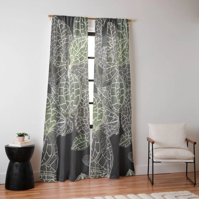 Elegant leaf skeleton foliage on black Window Curtain