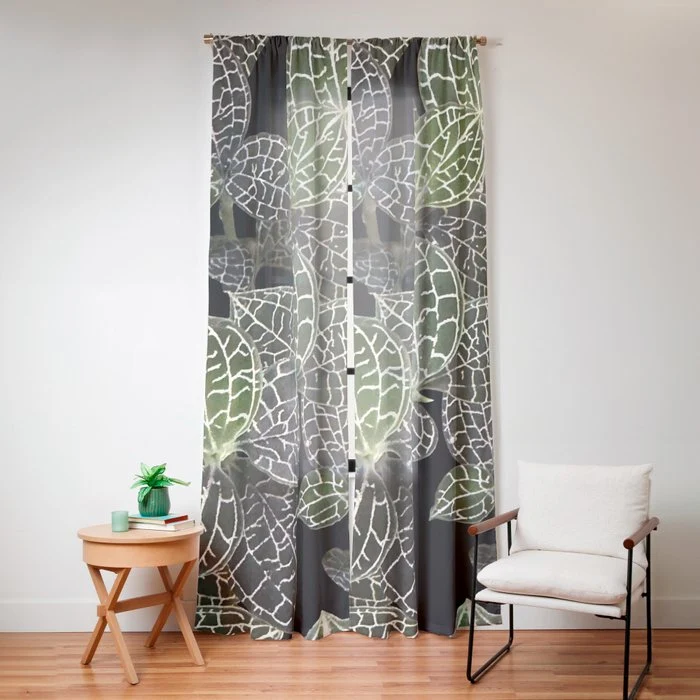 Elegant leaf skeleton foliage on black Window Curtain