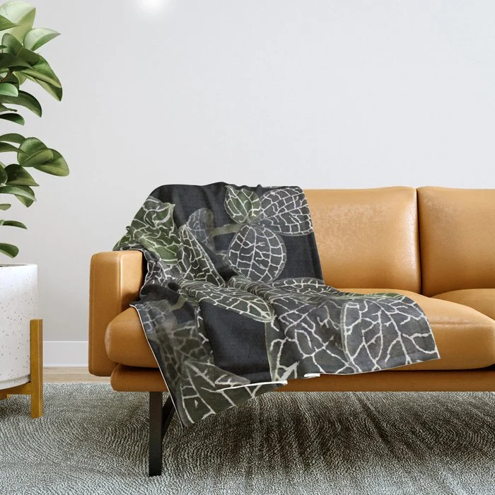 Elegant leaf skeleton foliage on black Throw Blanket