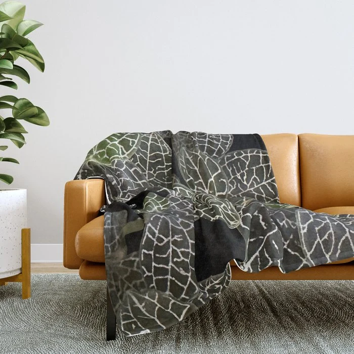 Elegant leaf skeleton foliage on black Throw Blanket