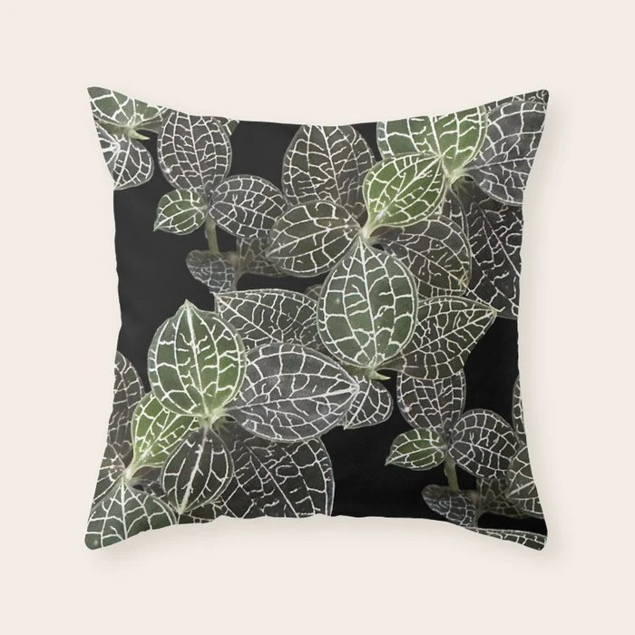 Elegant leaf skeleton foliage on black Throw Pillow