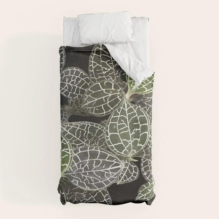 Elegant leaf skeleton foliage on black Duvet Cover