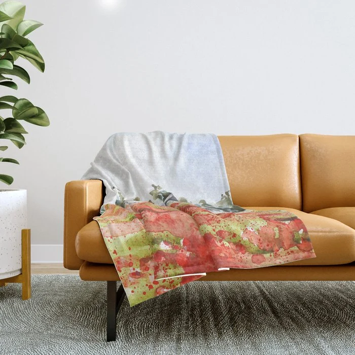 orange poppy field watercolour Throw Blanket