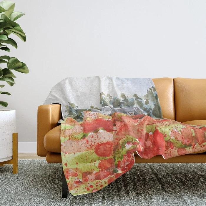 orange poppy field watercolour Throw Blanket