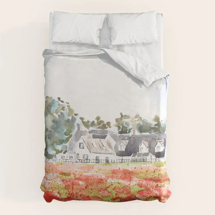orange poppy field watercolour Duvet Cover