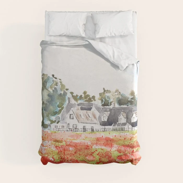 orange poppy field watercolour Duvet Cover