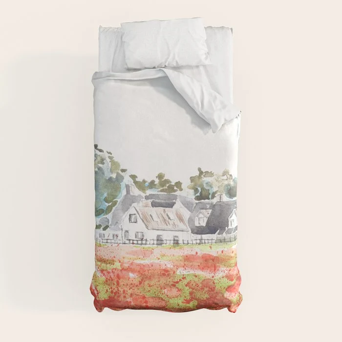 orange poppy field watercolour Duvet Cover