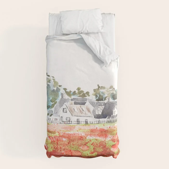 orange poppy field watercolour Duvet Cover