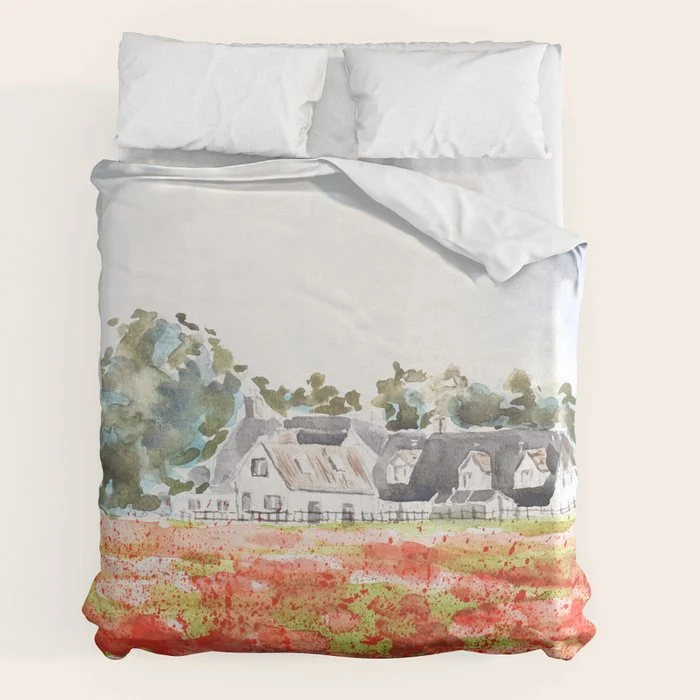 orange poppy field watercolour Duvet Cover