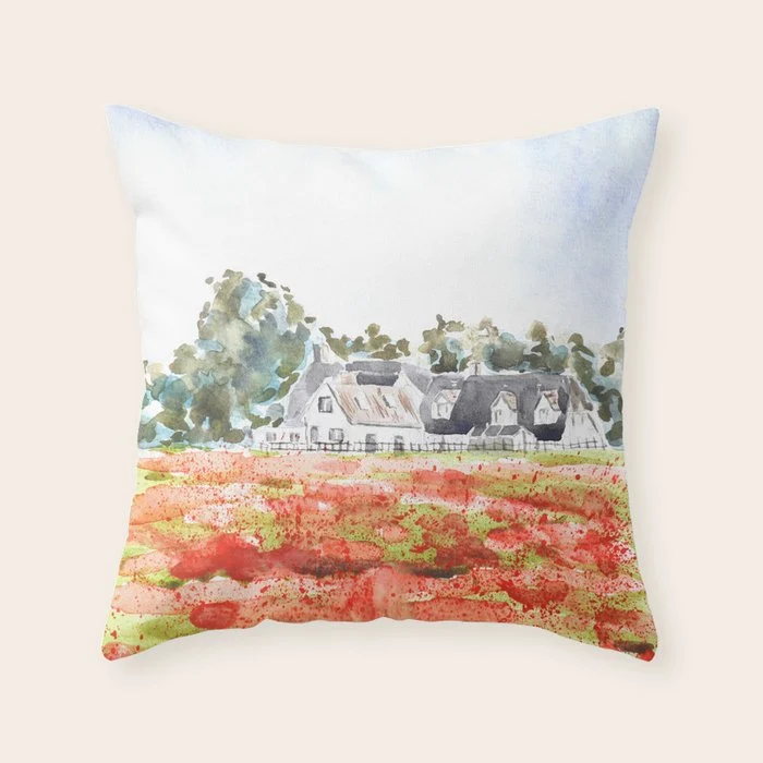 orange poppy field watercolour Throw Pillow