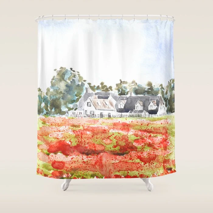 orange poppy field watercolour Shower Curtain