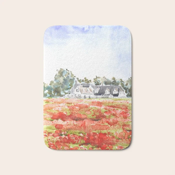 orange poppy field watercolour Bath Mat