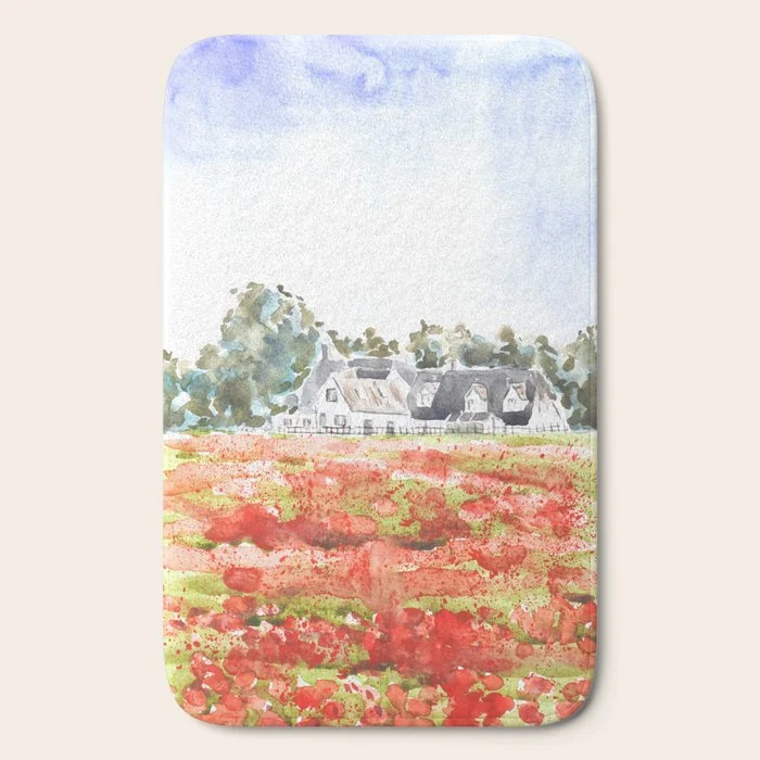 orange poppy field watercolour Bath Mat