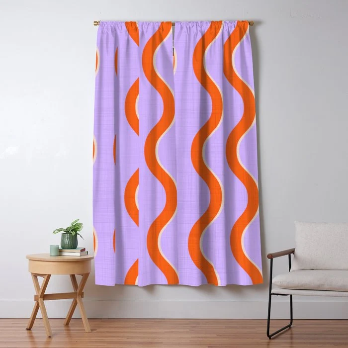 Wavy Lines Tangerine Orange, Lavender Purple, Bold Retro Modern Home Decor Window Curtain