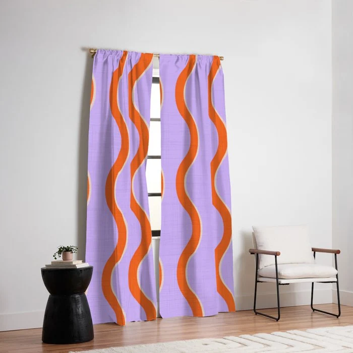 Wavy Lines Tangerine Orange, Lavender Purple, Bold Retro Modern Home Decor Window Curtain