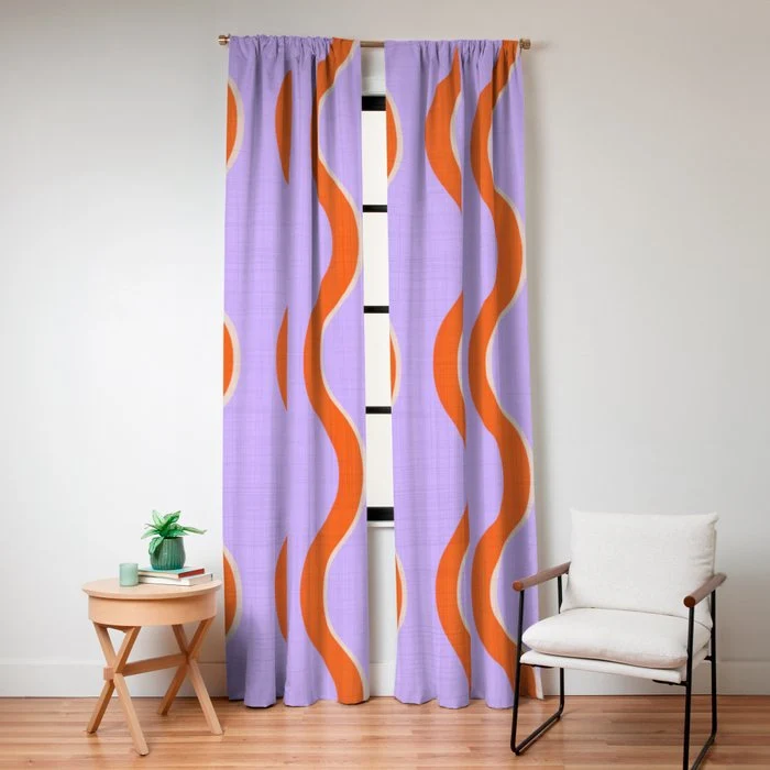 Wavy Lines Tangerine Orange, Lavender Purple, Bold Retro Modern Home Decor Window Curtain