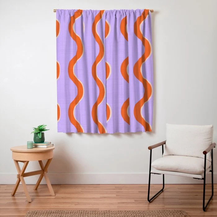 Wavy Lines Tangerine Orange, Lavender Purple, Bold Retro Modern Home Decor Window Curtain