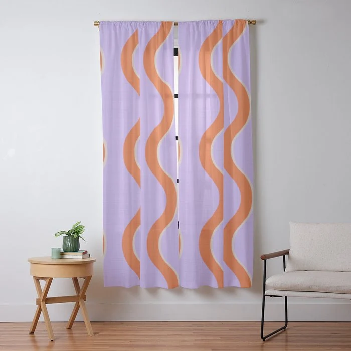Wavy Lines Tangerine Orange, Lavender Purple, Bold Retro Modern Home Decor Window Curtain