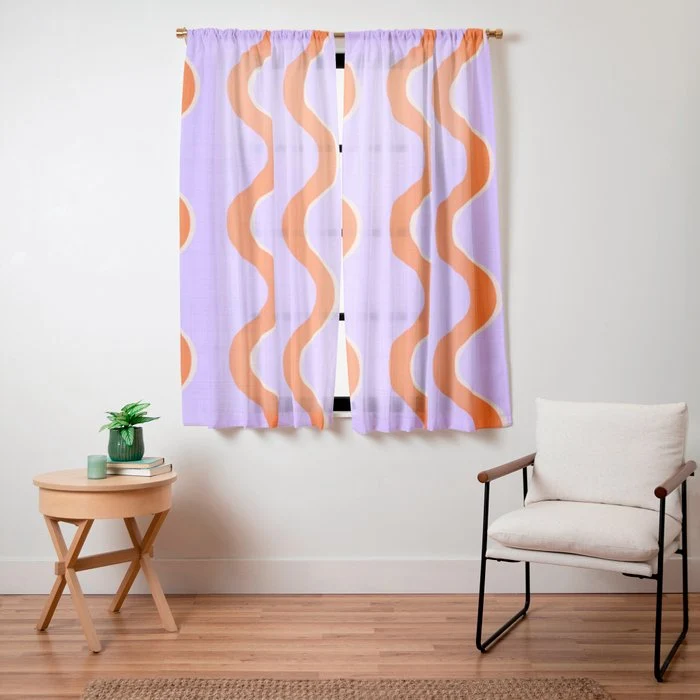 Wavy Lines Tangerine Orange, Lavender Purple, Bold Retro Modern Home Decor Window Curtain