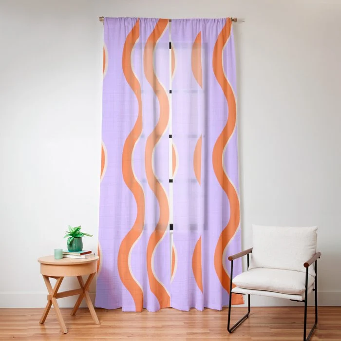 Wavy Lines Tangerine Orange, Lavender Purple, Bold Retro Modern Home Decor Window Curtain