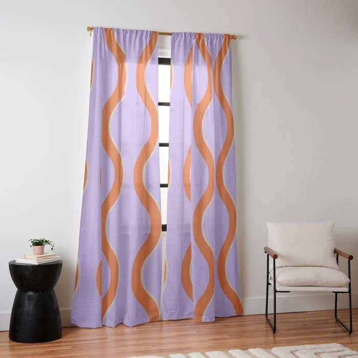 Wavy Lines Tangerine Orange, Lavender Purple, Bold Retro Modern Home Decor Window Curtain