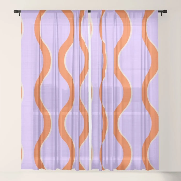 Wavy Lines Tangerine Orange, Lavender Purple, Bold Retro Modern Home Decor Window Curtain