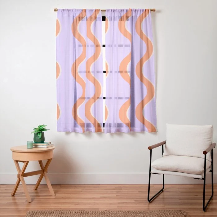 Wavy Lines Tangerine Orange, Lavender Purple, Bold Retro Modern Home Decor Window Curtain