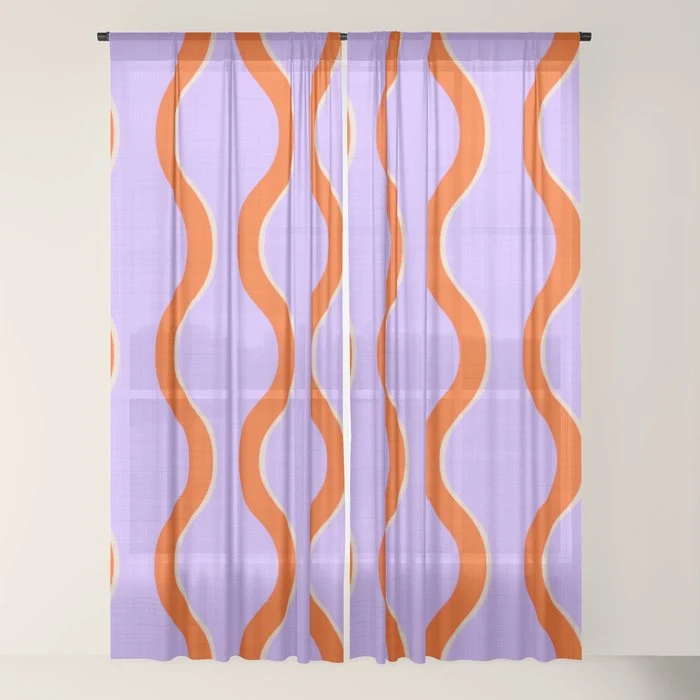 Wavy Lines Tangerine Orange, Lavender Purple, Bold Retro Modern Home Decor Window Curtain