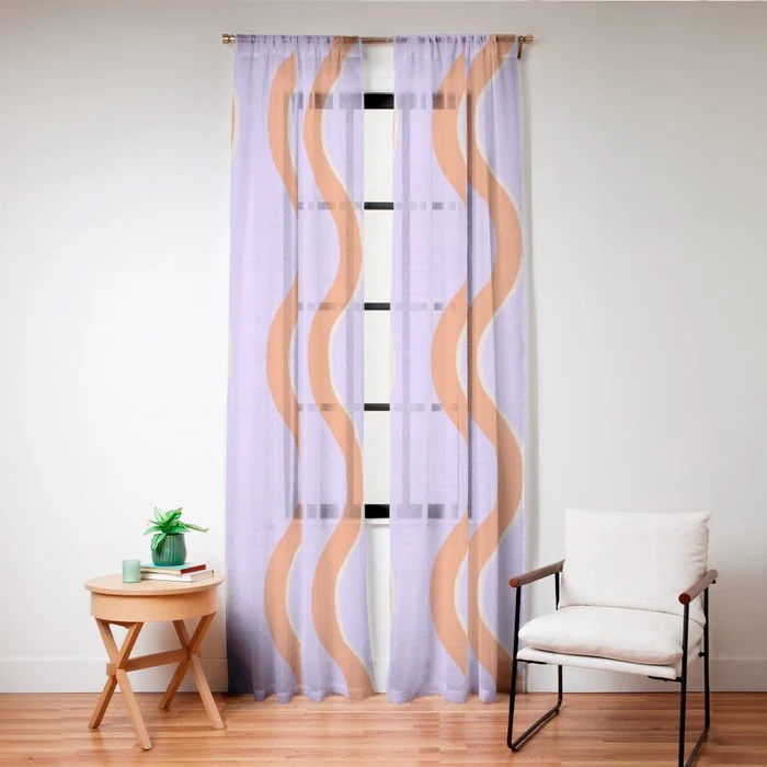 Wavy Lines Tangerine Orange, Lavender Purple, Bold Retro Modern Home Decor Window Curtain