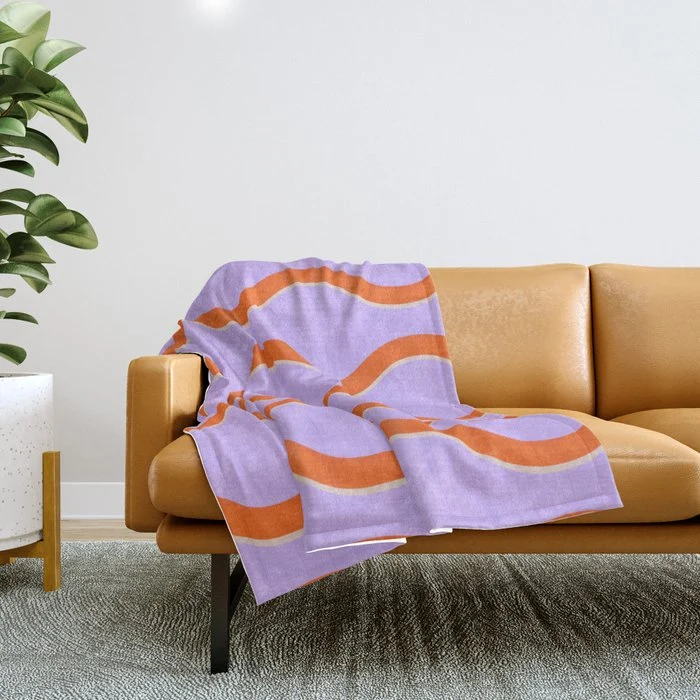 Wavy Lines Tangerine Orange, Lavender Purple, Bold Retro Modern Home Decor Throw Blanket