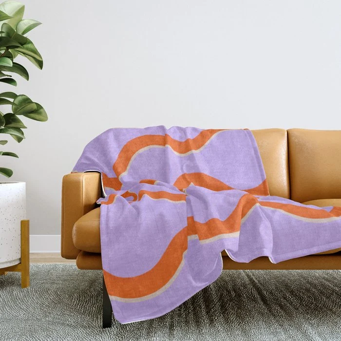 Wavy Lines Tangerine Orange, Lavender Purple, Bold Retro Modern Home Decor Throw Blanket