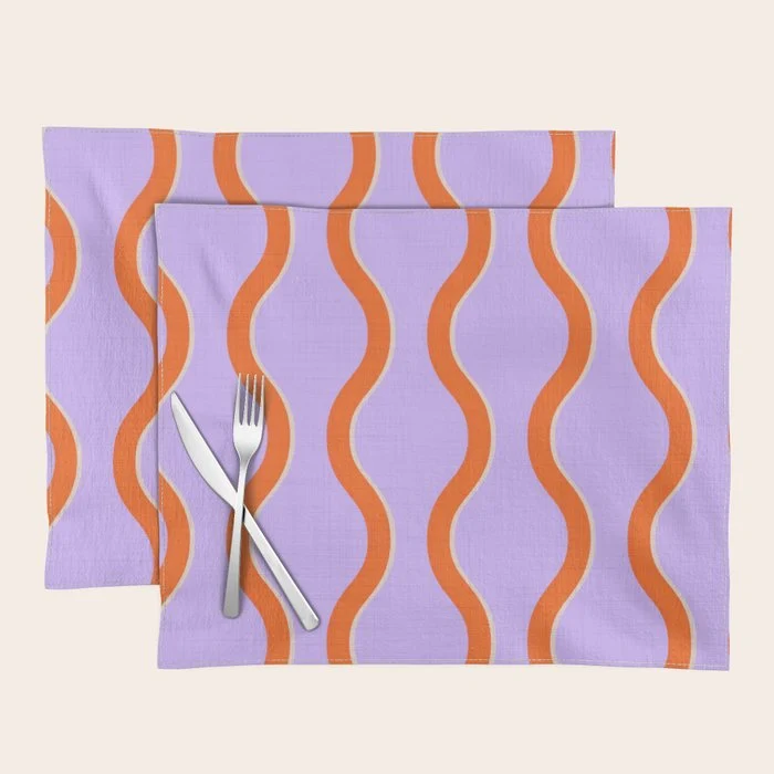Wavy Lines Tangerine Orange, Lavender Purple, Bold Retro Modern Home Decor Placemat