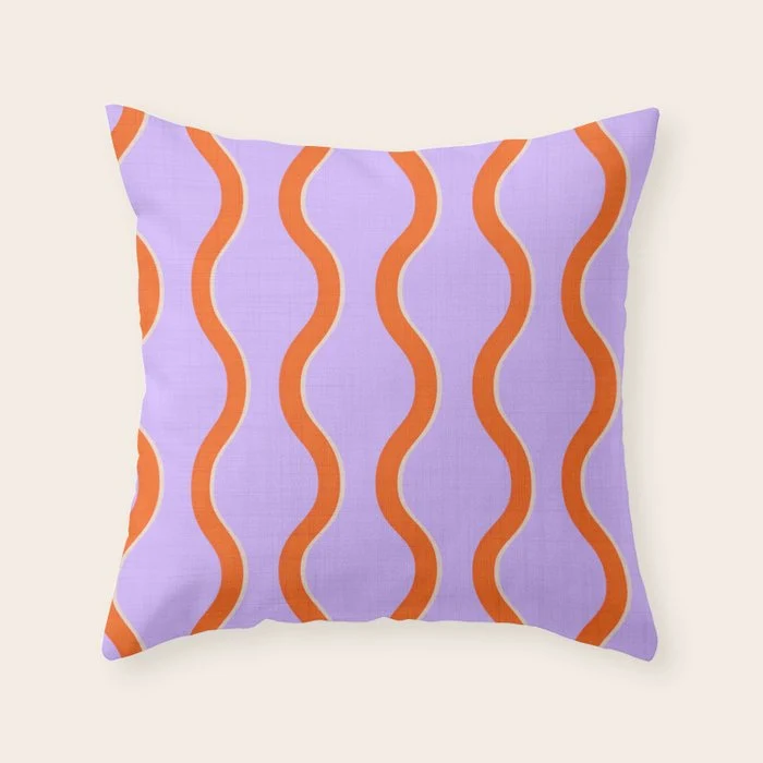 Wavy Lines Tangerine Orange, Lavender Purple, Bold Retro Modern Home Decor Throw Pillow