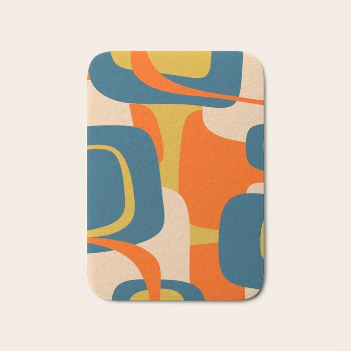 Mid Century Modern Retro Abstract Pattern Orange Blue Mustard Bath Mat