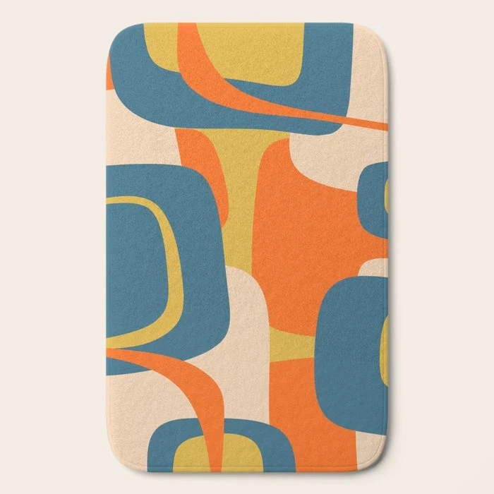 Mid Century Modern Retro Abstract Pattern Orange Blue Mustard Bath Mat