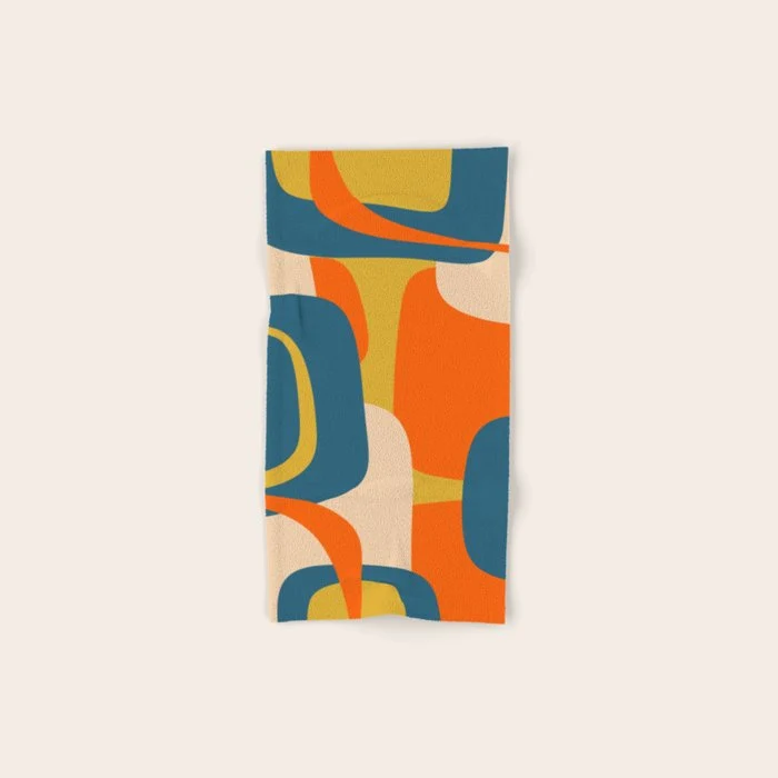 Mid Century Modern Retro Abstract Pattern Orange Blue Mustard Bath Towel