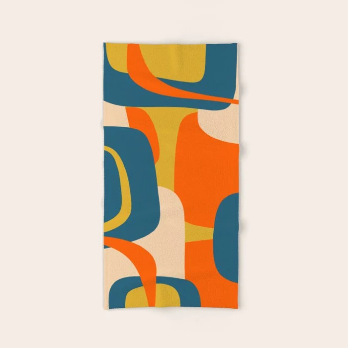 Mid Century Modern Retro Abstract Pattern Orange Blue Mustard Bath Towel