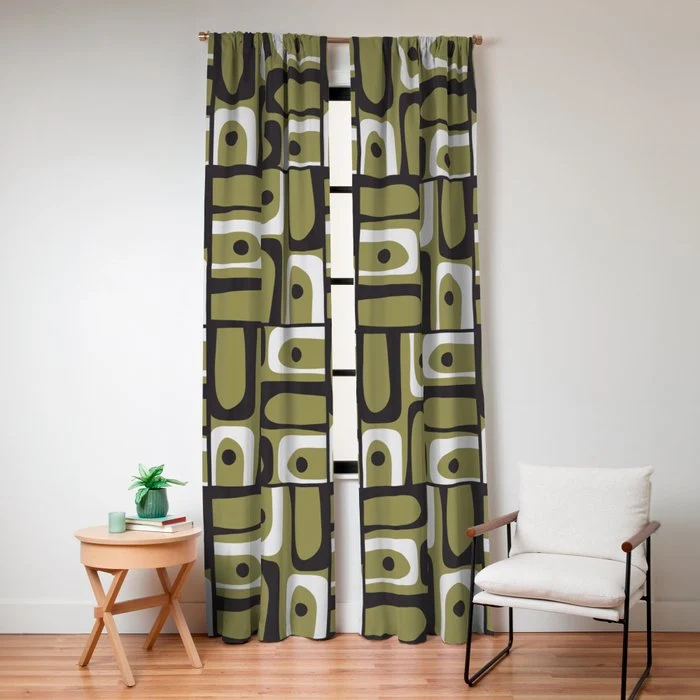 Mid Century Modern Abstract Geometric Piquet Multi Pattern in Retro Olive Black White Window Curtain