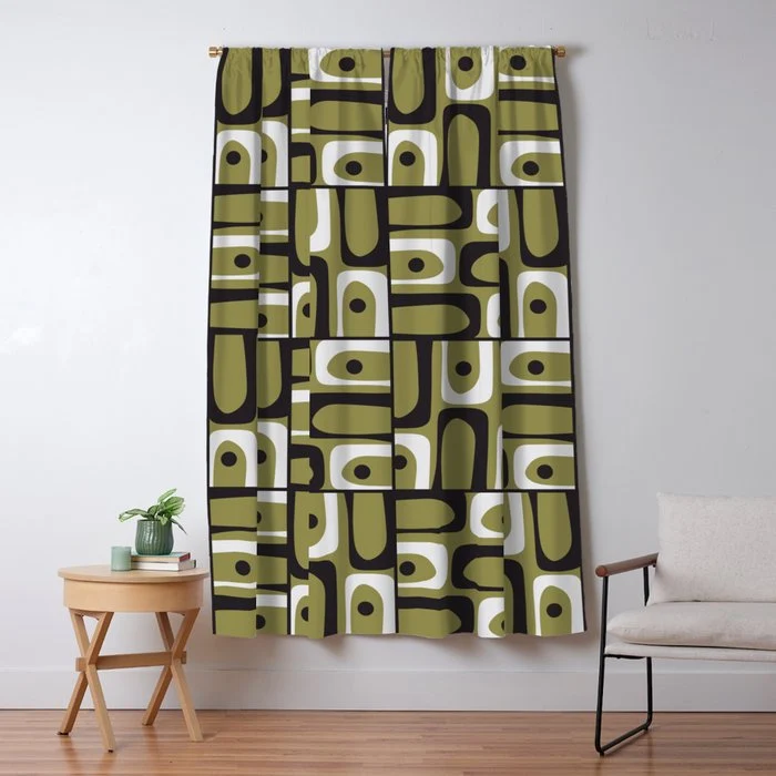 Mid Century Modern Abstract Geometric Piquet Multi Pattern in Retro Olive Black White Window Curtain