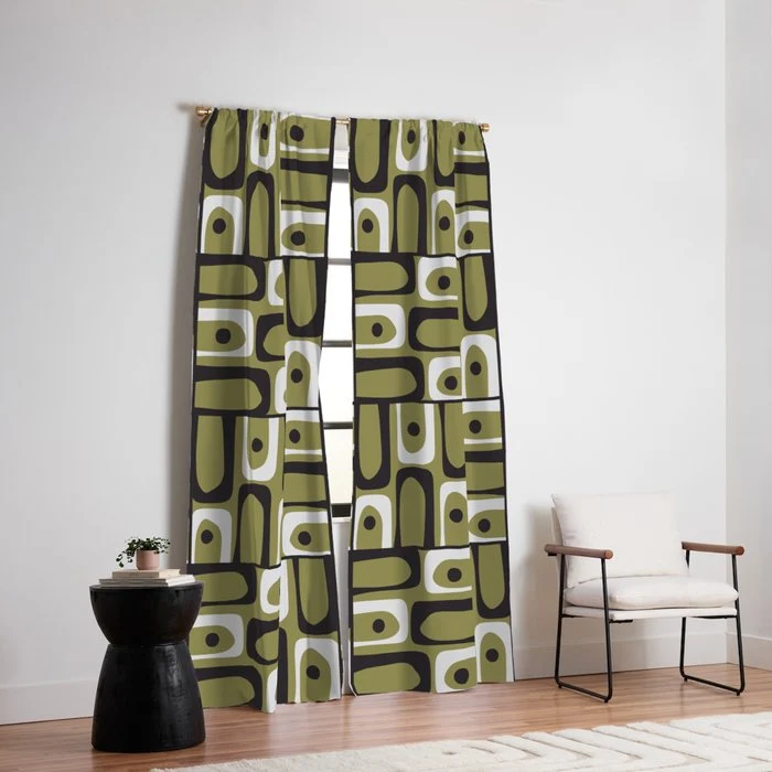 Mid Century Modern Abstract Geometric Piquet Multi Pattern in Retro Olive Black White Window Curtain