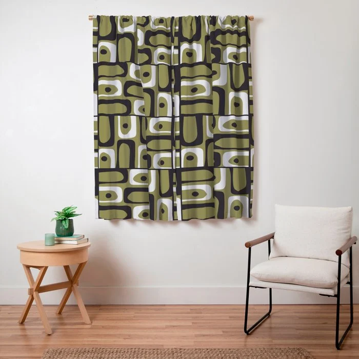 Mid Century Modern Abstract Geometric Piquet Multi Pattern in Retro Olive Black White Window Curtain