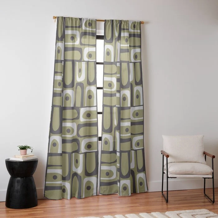 Mid Century Modern Abstract Geometric Piquet Multi Pattern in Retro Olive Black White Window Curtain