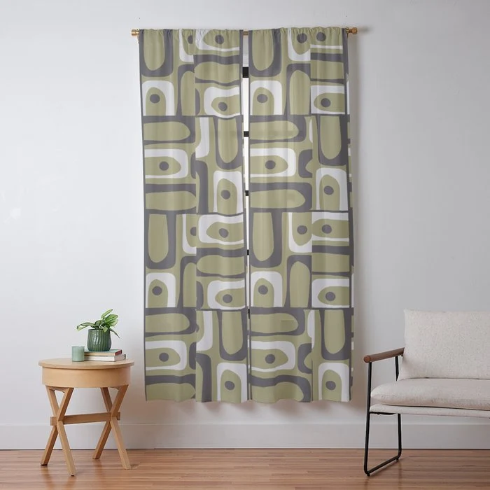 Mid Century Modern Abstract Geometric Piquet Multi Pattern in Retro Olive Black White Window Curtain