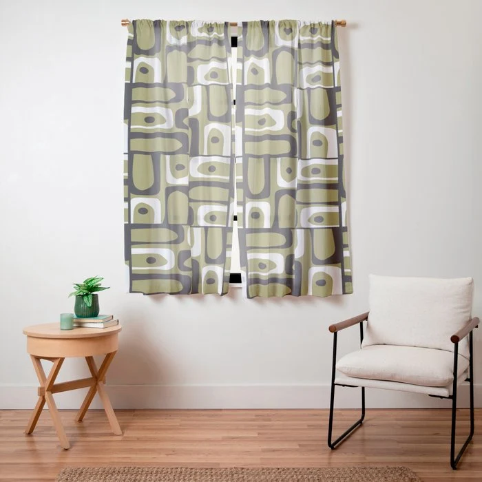 Mid Century Modern Abstract Geometric Piquet Multi Pattern in Retro Olive Black White Window Curtain