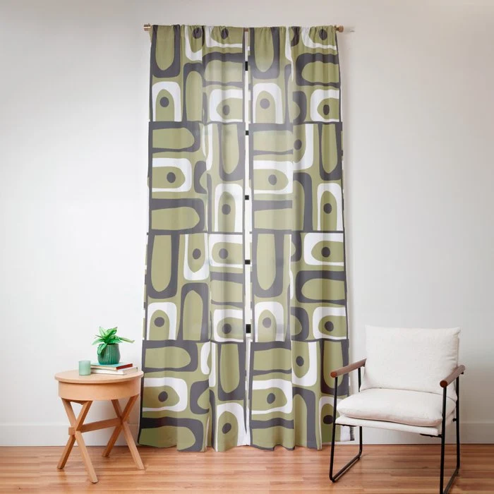 Mid Century Modern Abstract Geometric Piquet Multi Pattern in Retro Olive Black White Window Curtain