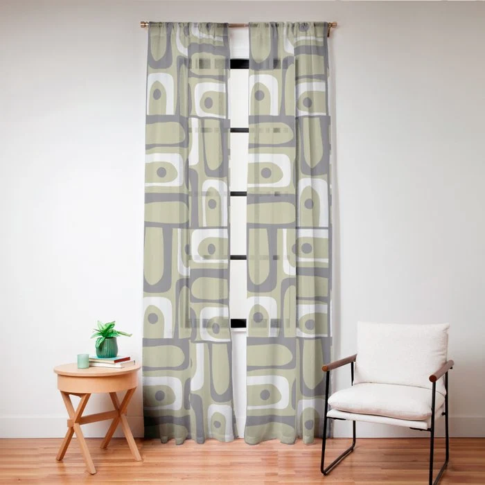 Mid Century Modern Abstract Geometric Piquet Multi Pattern in Retro Olive Black White Window Curtain