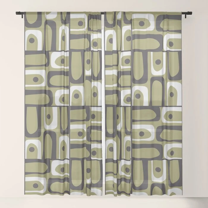 Mid Century Modern Abstract Geometric Piquet Multi Pattern in Retro Olive Black White Window Curtain