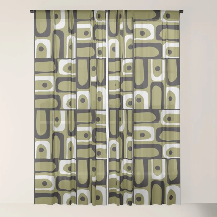 Mid Century Modern Abstract Geometric Piquet Multi Pattern in Retro Olive Black White Window Curtain