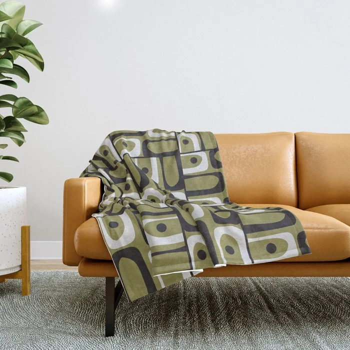 Mid Century Modern Abstract Geometric Piquet Multi Pattern in Retro Olive Black White Throw Blanket