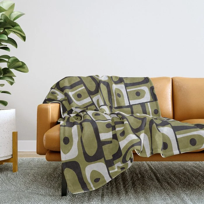 Mid Century Modern Abstract Geometric Piquet Multi Pattern in Retro Olive Black White Throw Blanket
